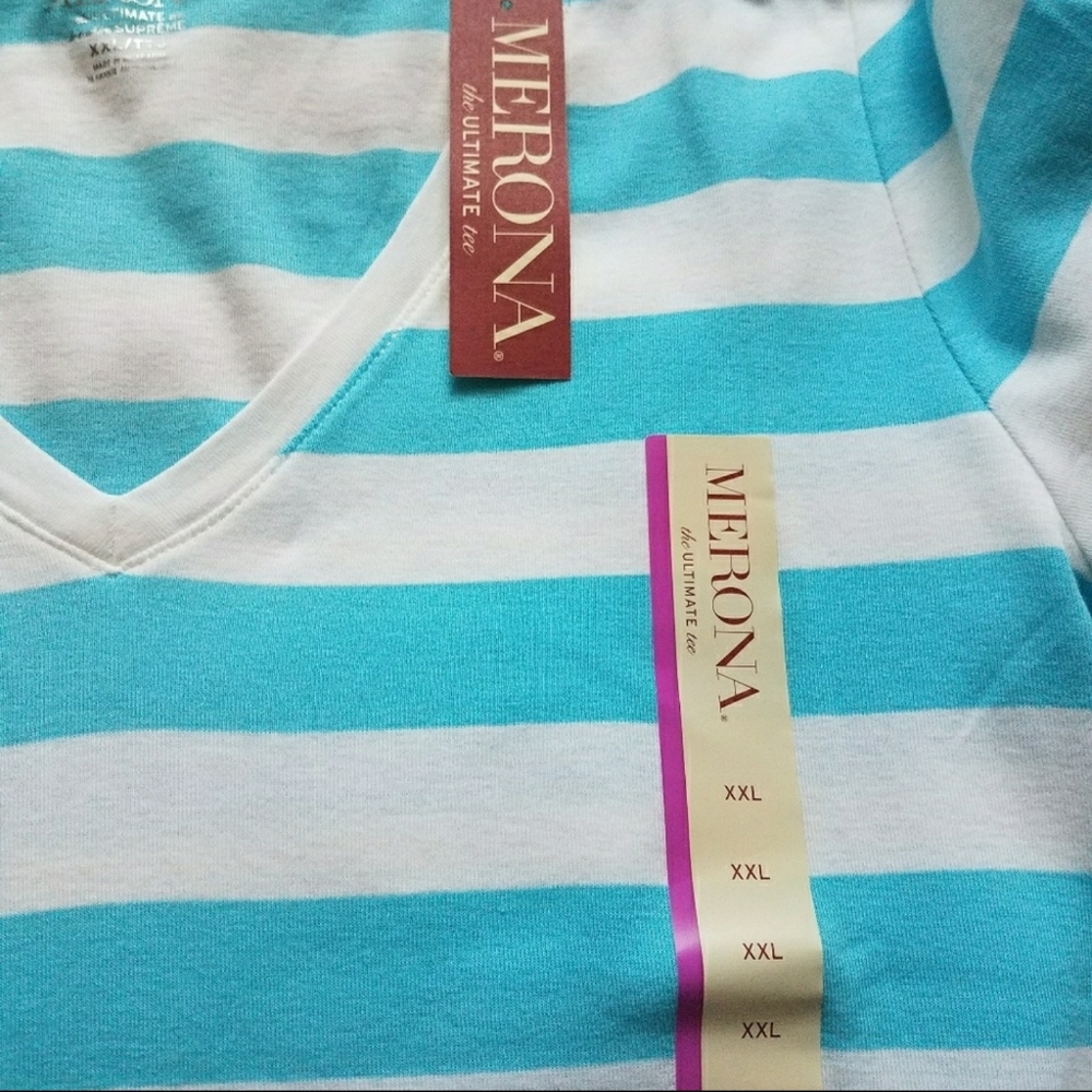 Merona V neck striped 100% cotton T shirt  top - Picture 2 of 7